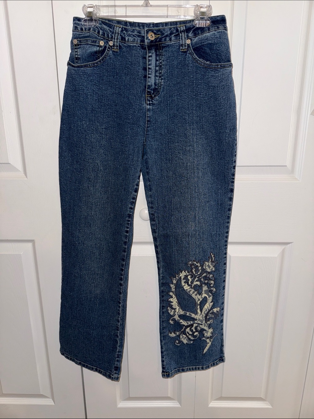 Women’s Dark Blue Jeans with lace inlay on left leg, EUC - Picture 1 of 4